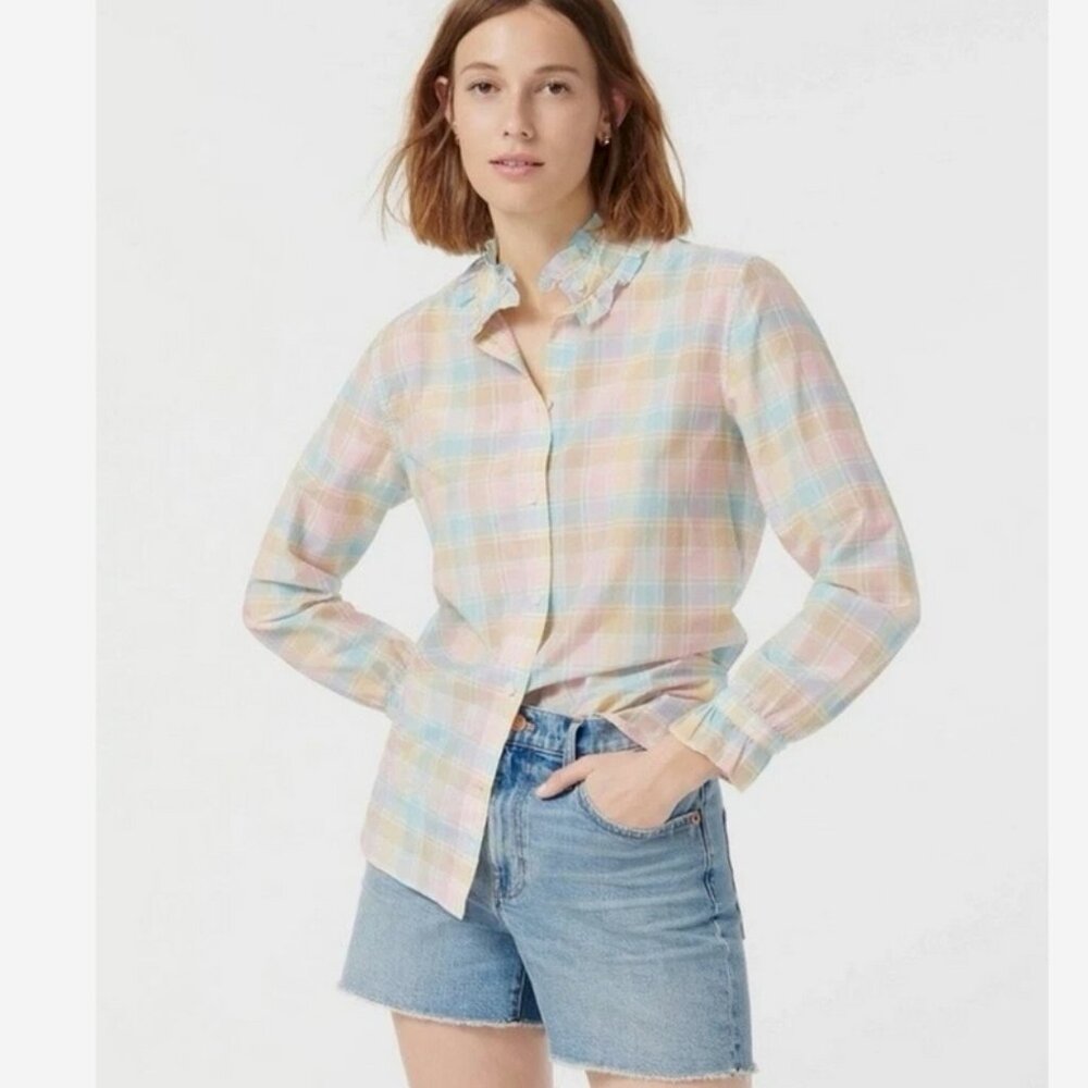 J. CREW Pastel Plaid Ruffle Neck Shirt NWT Size 6 Cotton Silk Twee